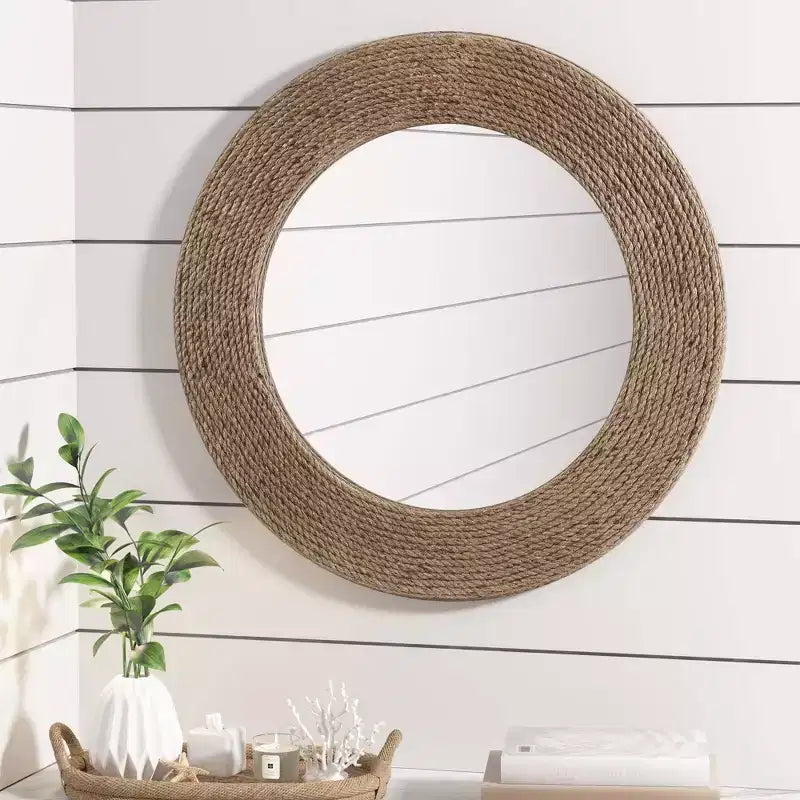 Round Cove Jute Decorative Wall Mirror Natural - Madison Park: Coastal Style, MDF Frame, Wall Mount