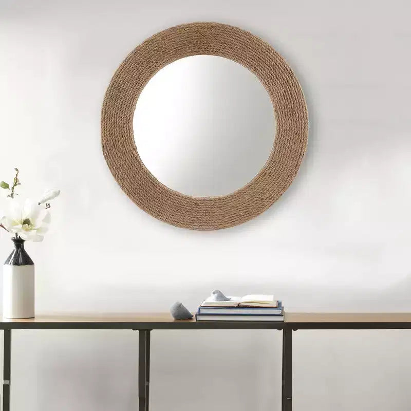 Round Cove Jute Decorative Wall Mirror Natural - Madison Park: Coastal Style, MDF Frame, Wall Mount