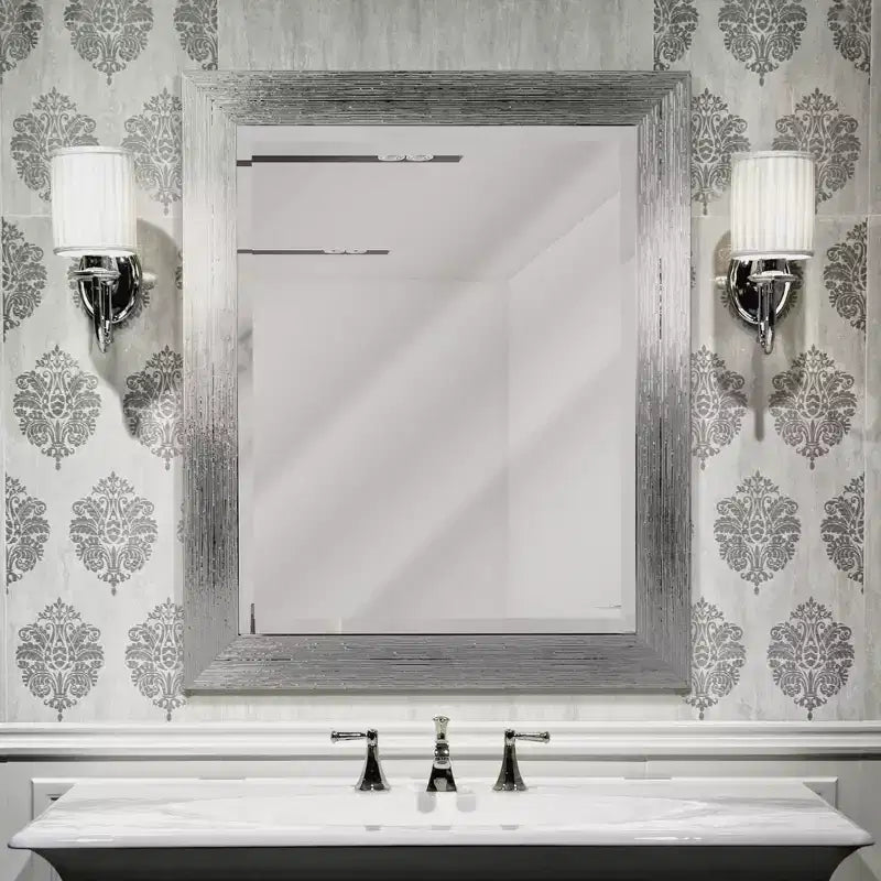 Head West 27" x 33" Driftwood Wall Mirror in Chrome/White: Modern Beveled Glass, Rectangle, No Assembly Required