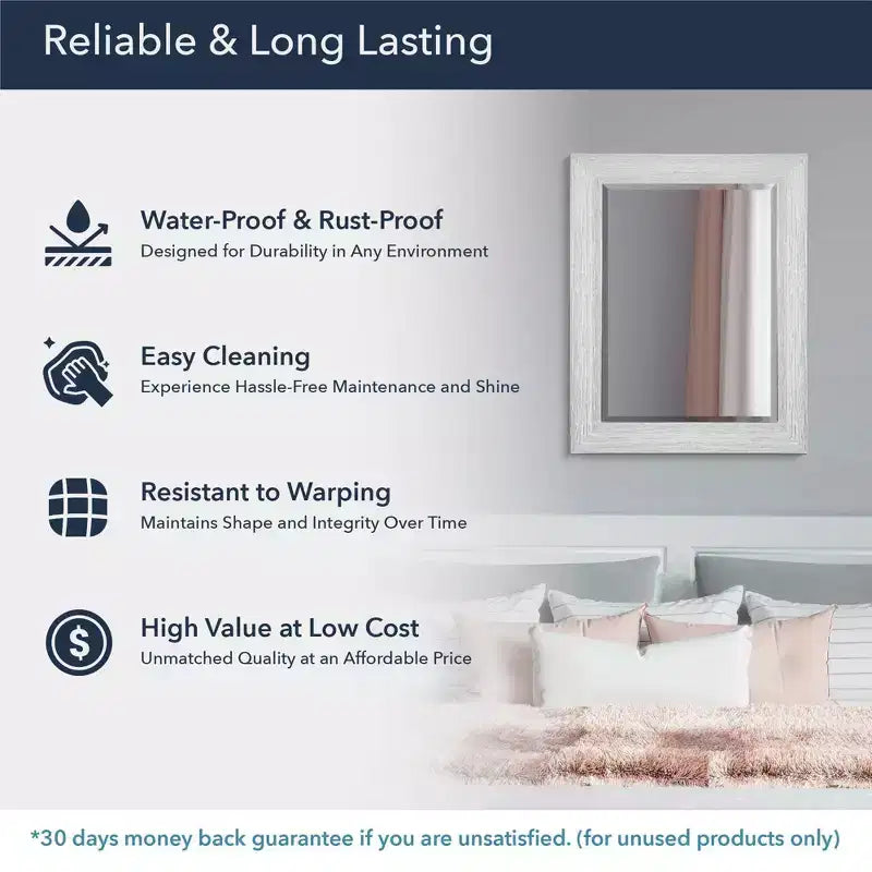 Head West 27" x 33" Driftwood Wall Mirror in Chrome/White: Modern Beveled Glass, Rectangle, No Assembly Required