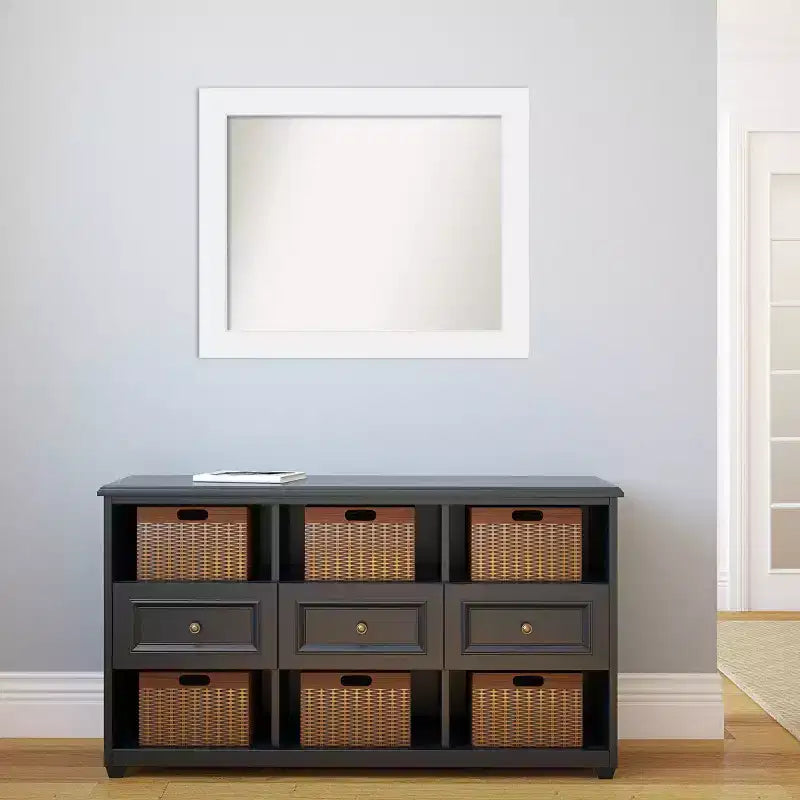 33" x 27" Non-Beveled Corvino White Wood Wall Mirror - Amanti Art: Modern Rectangle, Includes Mounting Hardware