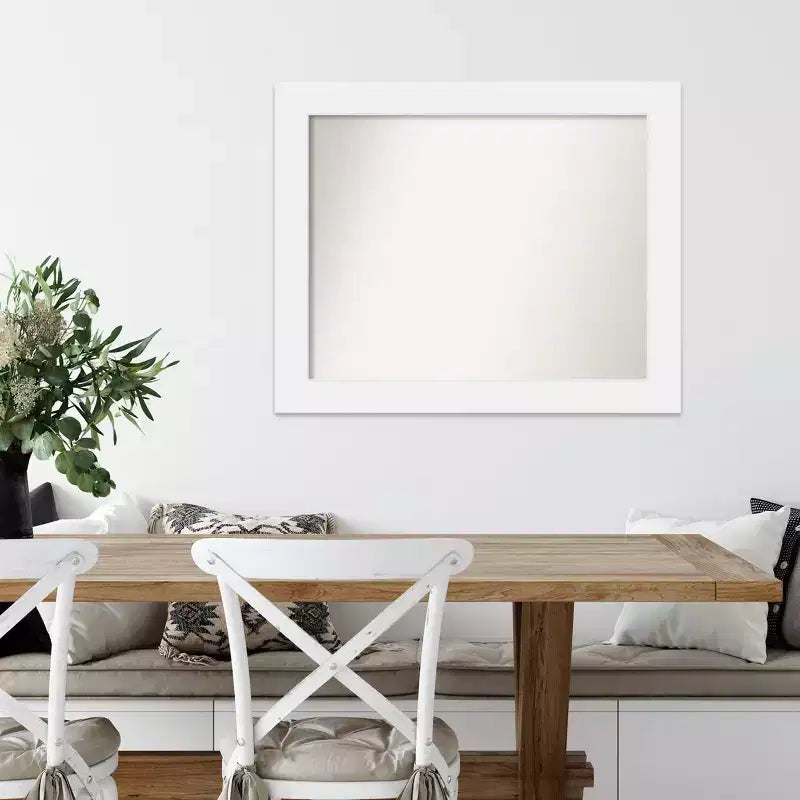 33" x 27" Non-Beveled Corvino White Wood Wall Mirror - Amanti Art: Modern Rectangle, Includes Mounting Hardware