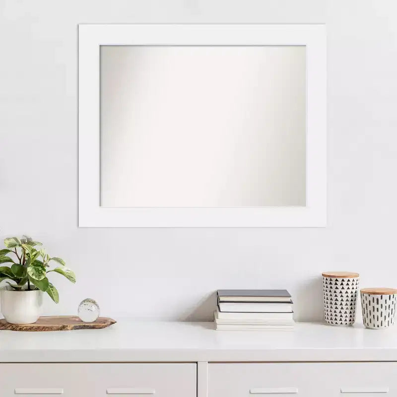 33" x 27" Non-Beveled Corvino White Wood Wall Mirror - Amanti Art: Modern Rectangle, Includes Mounting Hardware