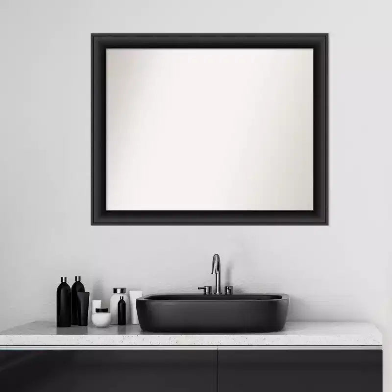 32" x 26" Non-Beveled Nero Wood Bathroom Wall Mirror Black - Amanti Art