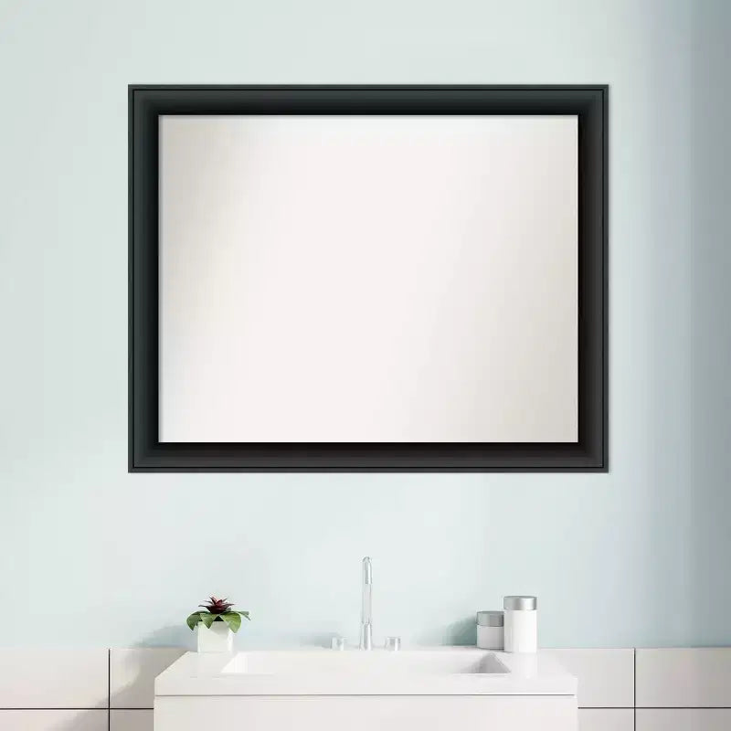 32" x 26" Non-Beveled Nero Wood Bathroom Wall Mirror Black - Amanti Art