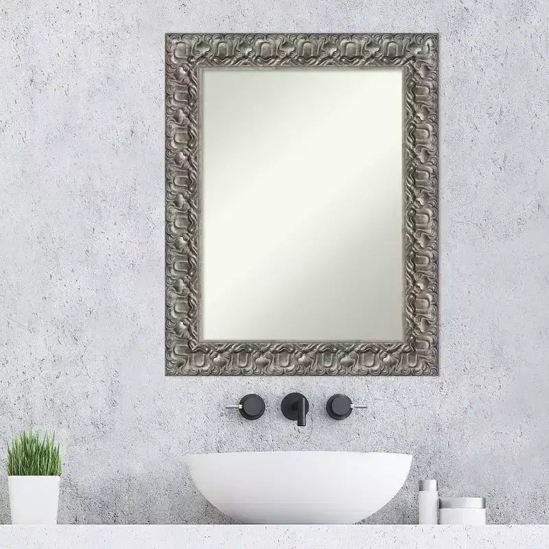 Amanti Art 24"x30" Non-Beveled Silver Luxor Wood Bathroom Wall Mirror : Modern Rectangular Vanity, Includes Mount Hardware