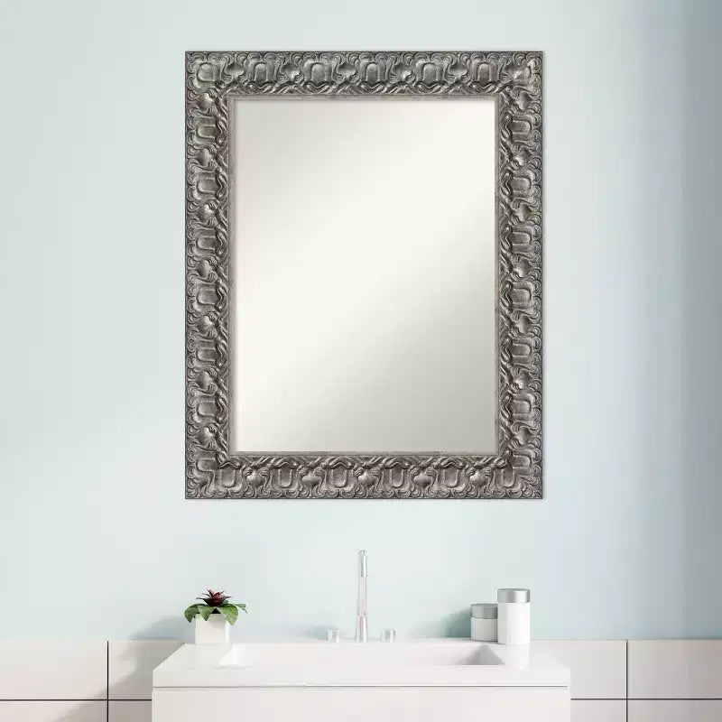 Amanti Art 24"x30" Non-Beveled Silver Luxor Wood Bathroom Wall Mirror : Modern Rectangular Vanity, Includes Mount Hardware