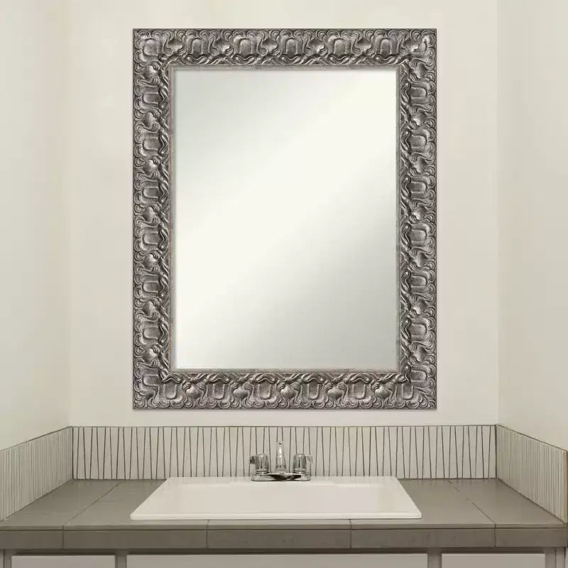 Amanti Art 24"x30" Non-Beveled Silver Luxor Wood Bathroom Wall Mirror : Modern Rectangular Vanity, Includes Mount Hardware