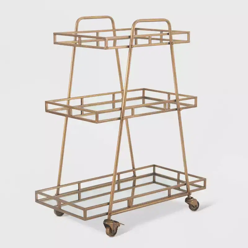 Addison Bar Cart Antique Gold - Adore Decor: Elegant Rolling Cart with Mirrored Shelves, Locking Casters