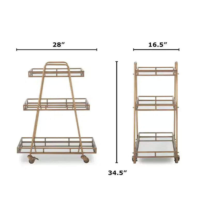 Addison Bar Cart Antique Gold - Adore Decor: Elegant Rolling Cart with Mirrored Shelves, Locking Casters