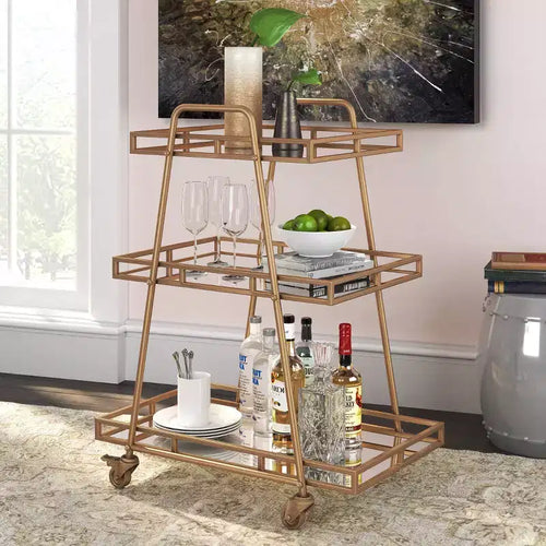 Addison Bar Cart Antique Gold - Adore Decor: Elegant Rolling Cart with Mirrored Shelves, Locking Casters