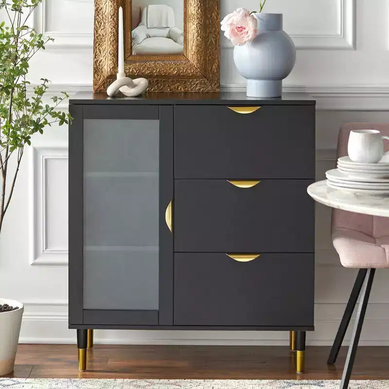 Buylateral Kragen Buffet Black: Gold-Tone Accents, Frosted Glass, Pine Wood Legs, Storage Cabinet