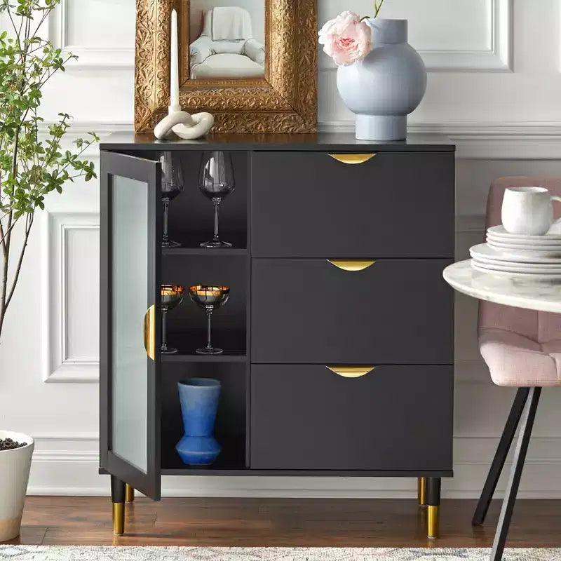 Buylateral Kragen Buffet Black: Gold-Tone Accents, Frosted Glass, Pine Wood Legs, Storage Cabinet