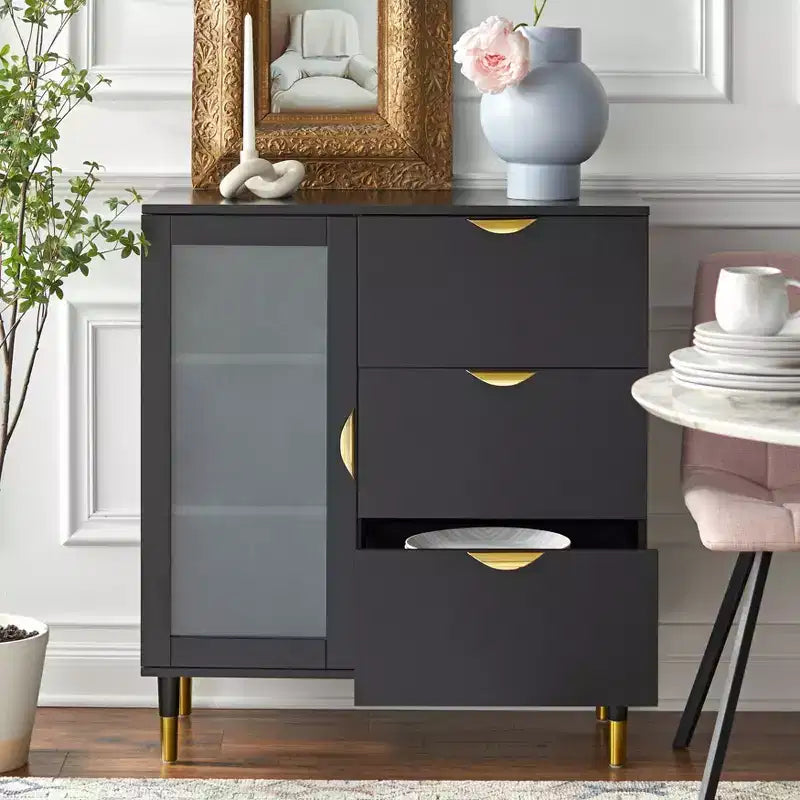 Buylateral Kragen Buffet Black: Gold-Tone Accents, Frosted Glass, Pine Wood Legs, Storage Cabinet