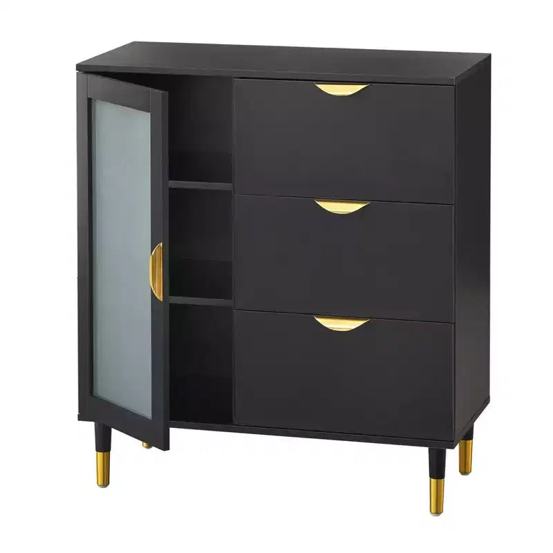 Buylateral Kragen Buffet Black: Gold-Tone Accents, Frosted Glass, Pine Wood Legs, Storage Cabinet