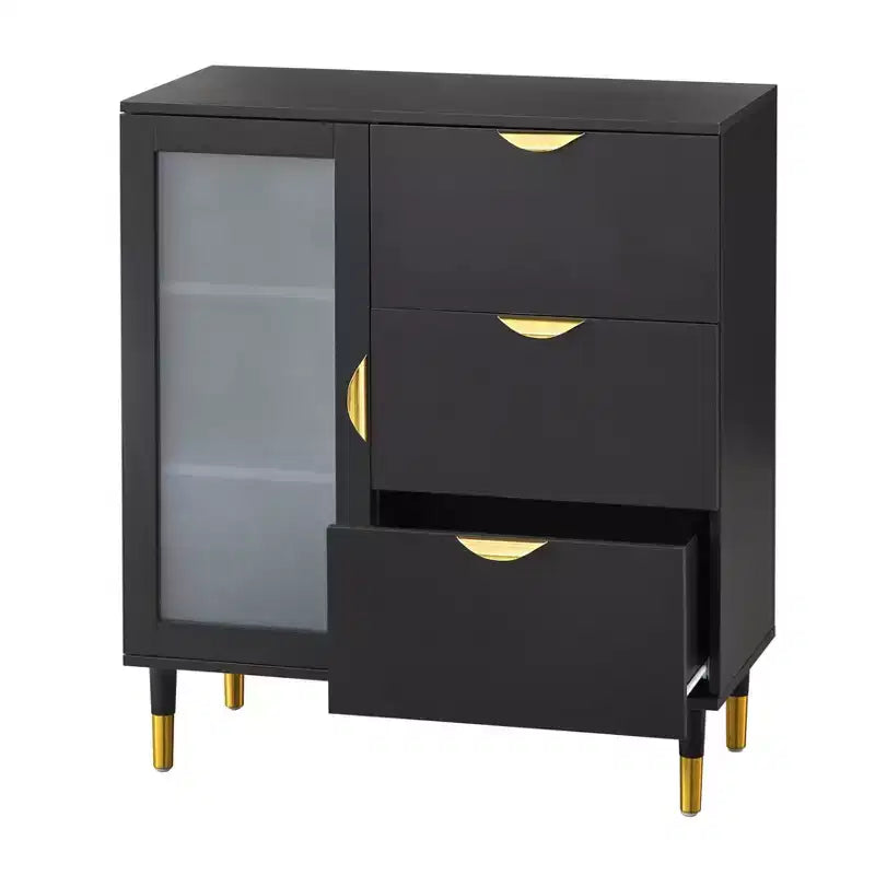 Buylateral Kragen Buffet Black: Gold-Tone Accents, Frosted Glass, Pine Wood Legs, Storage Cabinet