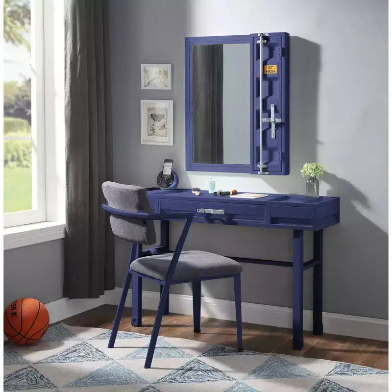 Cargo Vanity Table Blue with Drawer - Acme Furniture: Dressing Table, Metal Frame