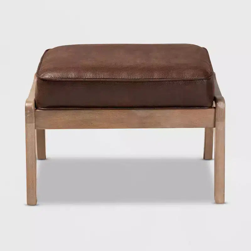 Sigrid Faux Leather Upholstered Wood Ottoman Dark Brown/Antique Oak - Baxton Studio: Mid-Century Modern, Removable Cushions