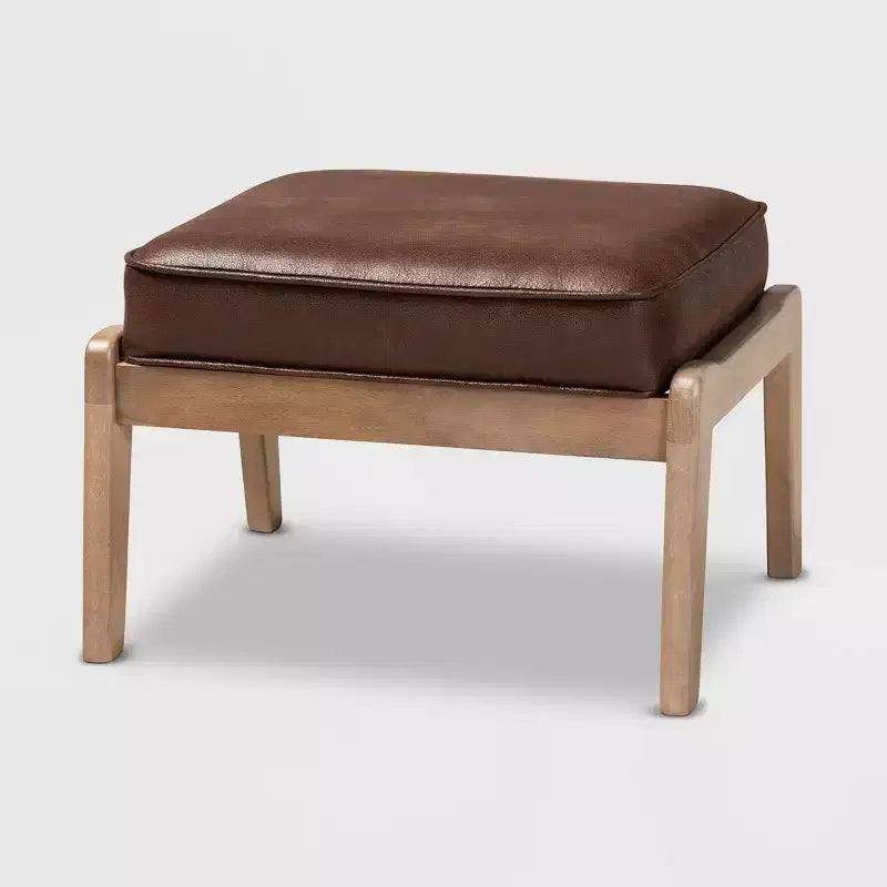 Sigrid Faux Leather Upholstered Wood Ottoman Dark Brown/Antique Oak - Baxton Studio: Mid-Century Modern, Removable Cushions