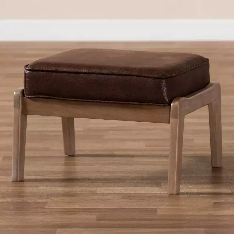 Sigrid Faux Leather Upholstered Wood Ottoman Dark Brown/Antique Oak - Baxton Studio: Mid-Century Modern, Removable Cushions