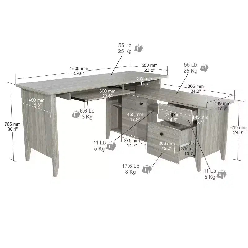 L Shaped Computer Writing Desk Gray - Inval