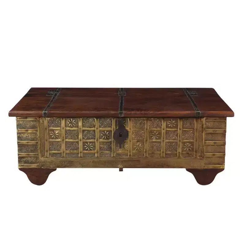 Tortoise Wooden Metal Fitted Trunk Box Coffee Table Brown - Timbergirl: Elegant Storage, Large Rectangle, No Assembly