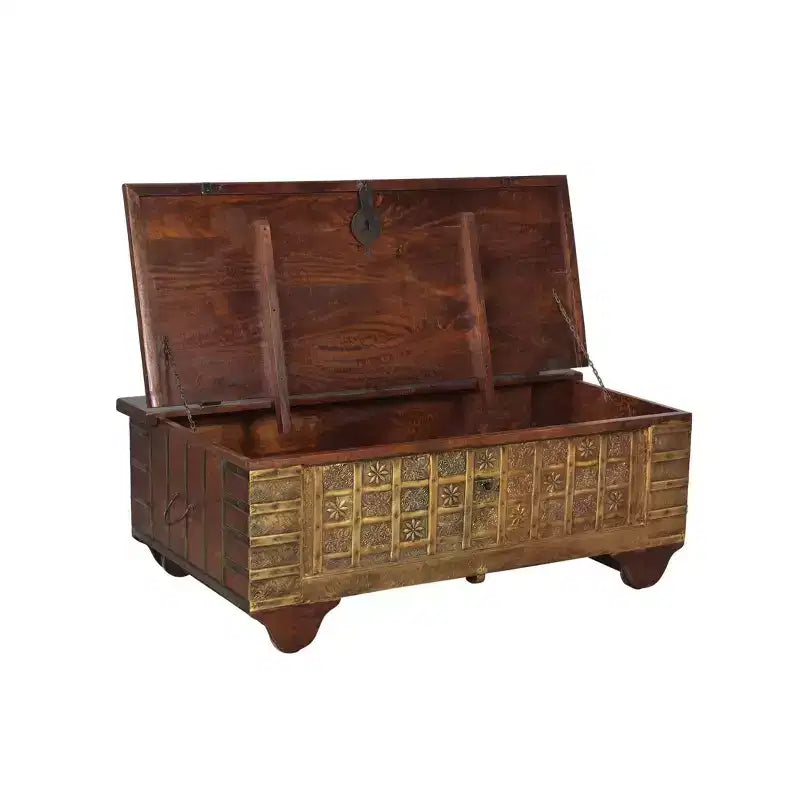 Tortoise Wooden Metal Fitted Trunk Box Coffee Table Brown - Timbergirl: Elegant Storage, Large Rectangle, No Assembly