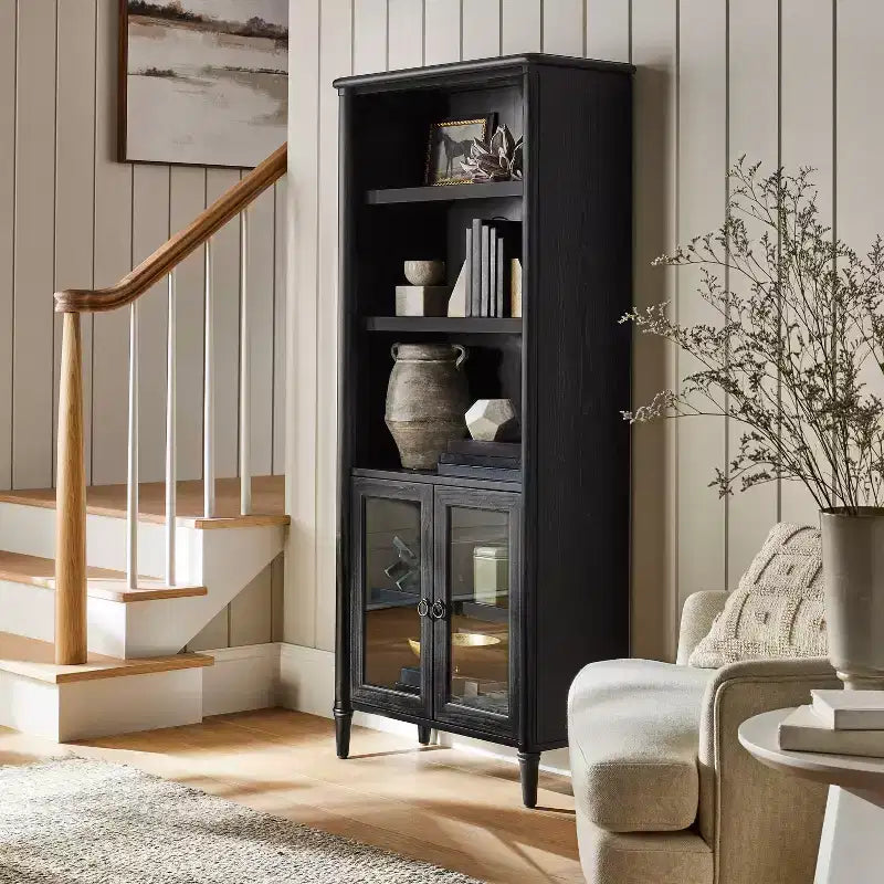 Killybrooke Glass Accent Cabinet Black - Threshold™ designed with Studio McGee: Brass-Finish Handles, MDF Wood Frame