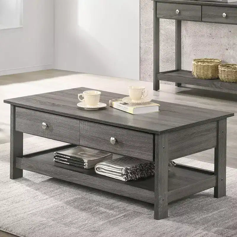 Clonard Wooden Coffee Table Gray - HOMES: Inside + Out: Transitional Style, Storage Shelf, Metal Knobs