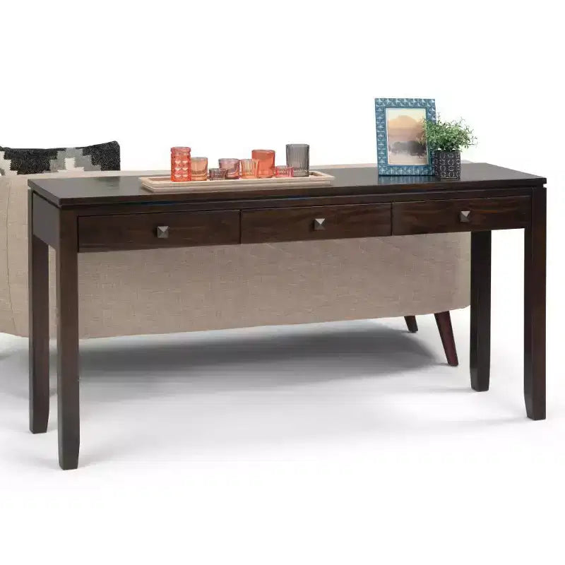 60" Stratford End Table Russet Mahogany Brown - WyndenHall: Pine Frame, 3 Drawers, Modern Style
