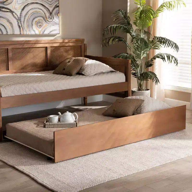 Twin Toveli Trundle Bed Ash Walnut - Baxton Studio: Rubberwood & MDF Frame, No Box Spring Needed