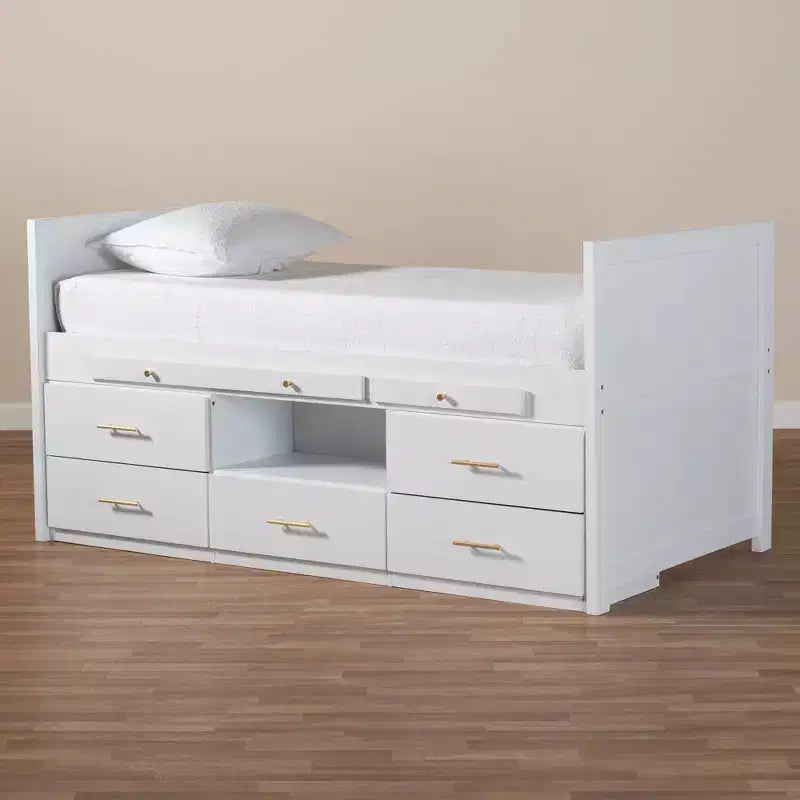 Twin 5 Drawer Mirza Wood Storage Bed with Pull Out Desk White - Baxton Studio