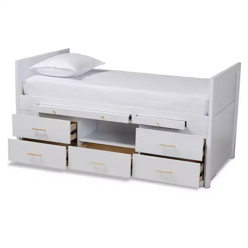 Twin 5 Drawer Mirza Wood Storage Bed with Pull Out Desk White - Baxton Studio