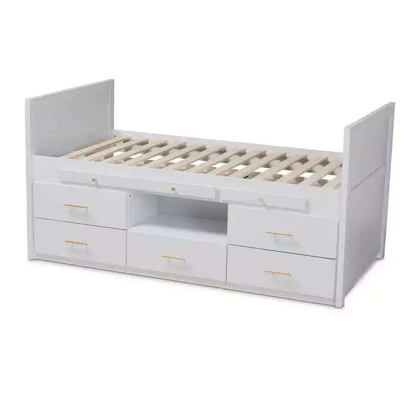 Twin 5 Drawer Mirza Wood Storage Bed with Pull Out Desk White - Baxton Studio