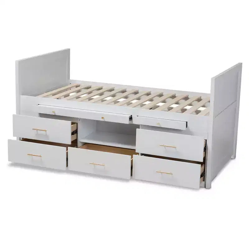 Twin 5 Drawer Mirza Wood Storage Bed with Pull Out Desk White - Baxton Studio