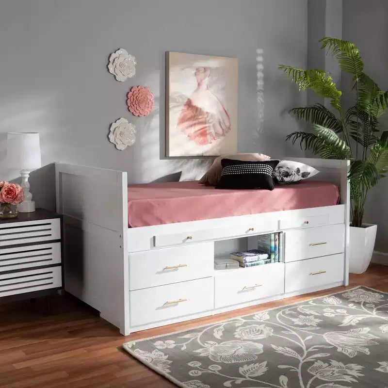 Twin 5 Drawer Mirza Wood Storage Bed with Pull Out Desk White - Baxton Studio
