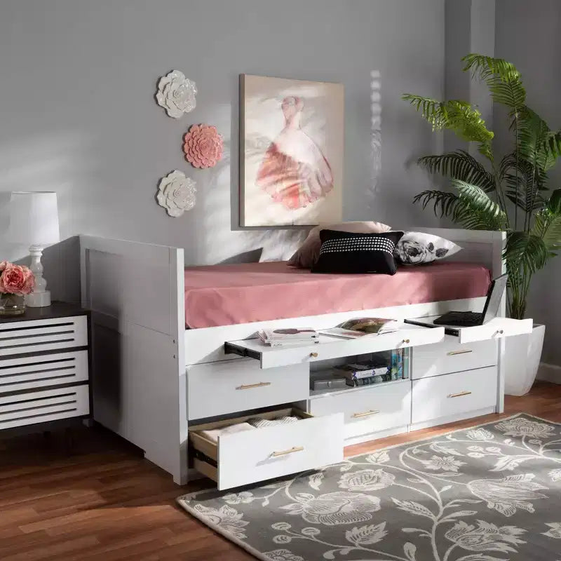 Twin 5 Drawer Mirza Wood Storage Bed with Pull Out Desk White - Baxton Studio