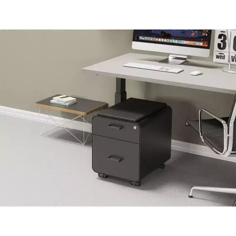 Monoprice Round Corner 2-Drawer File Cabinet - Black, Lockable With Seat Cushion - Workstream Collection