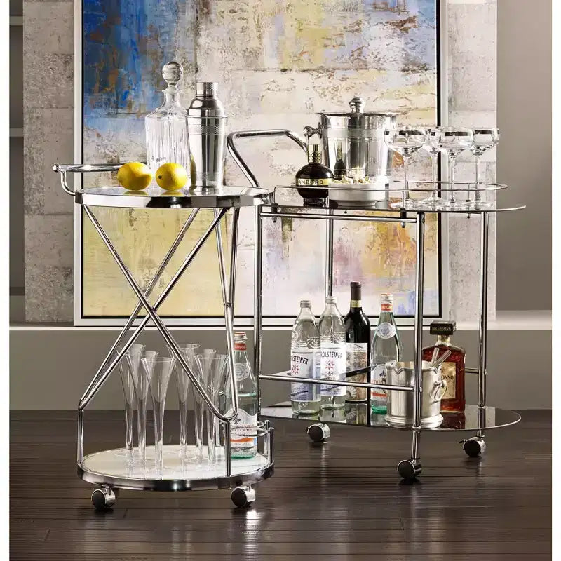 Studio 55D Page 29 1/2 High Glass and Chrome Rolling Serving Bar Cart