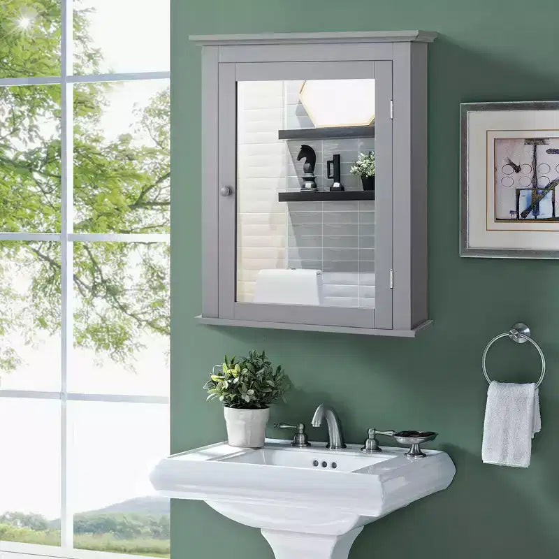 Costway Bathroom Mirror Cabinet Wall Mounted Adjustable Shelf Medicine Grey/Black