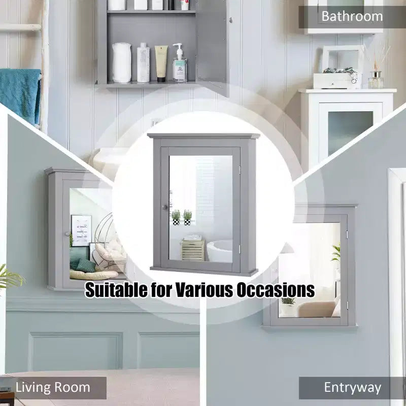 Costway Bathroom Mirror Cabinet Wall Mounted Adjustable Shelf Medicine Grey/Black