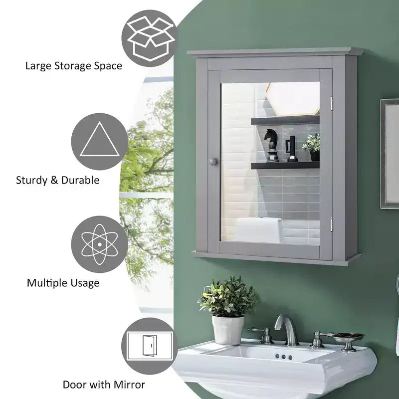 Costway Bathroom Mirror Cabinet Wall Mounted Adjustable Shelf Medicine Grey/Black