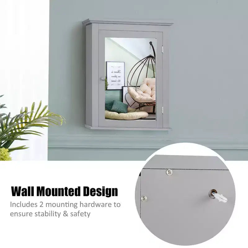 Costway Bathroom Mirror Cabinet Wall Mounted Adjustable Shelf Medicine Grey/Black