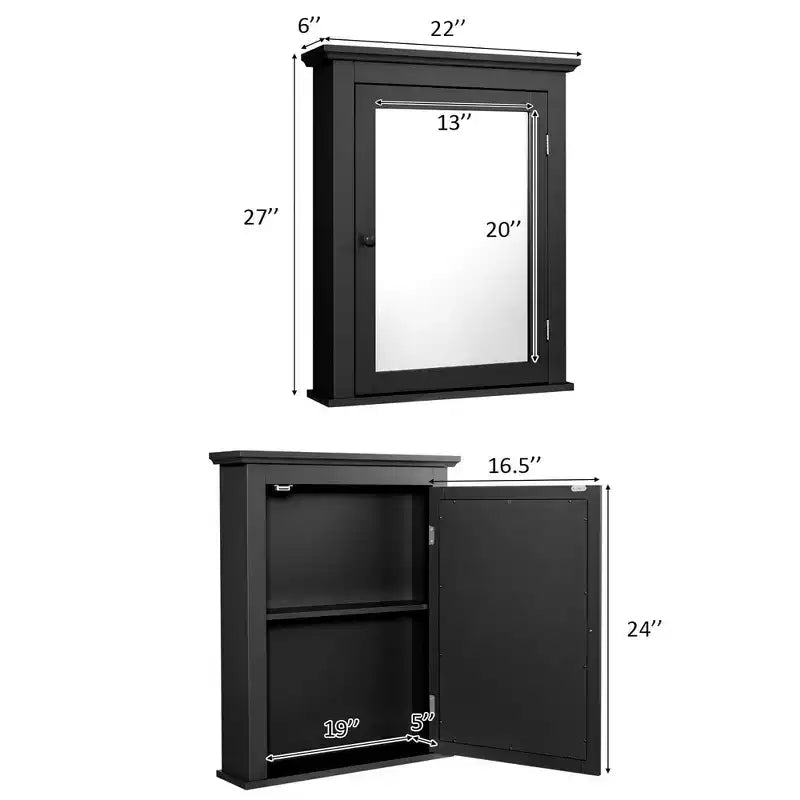 Costway Bathroom Mirror Cabinet Wall Mounted Adjustable Shelf Medicine Grey/Black