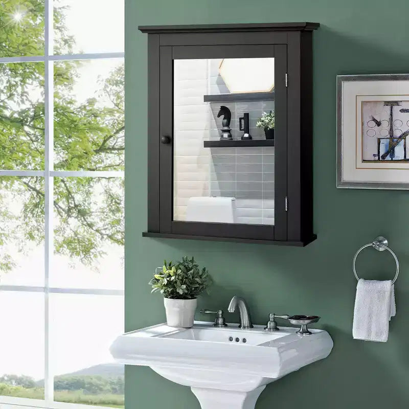 Costway Bathroom Mirror Cabinet Wall Mounted Adjustable Shelf Medicine Grey/Black
