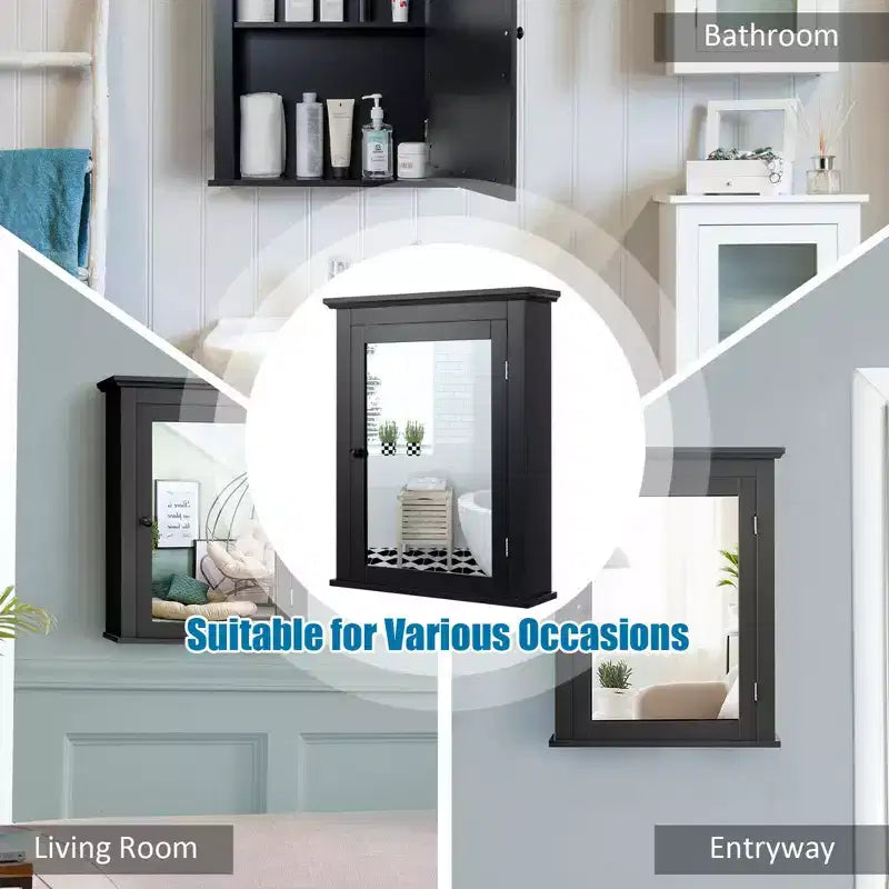 Costway Bathroom Mirror Cabinet Wall Mounted Adjustable Shelf Medicine Grey/Black