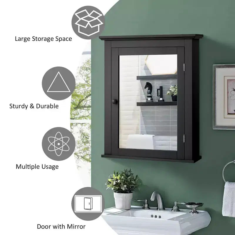 Costway Bathroom Mirror Cabinet Wall Mounted Adjustable Shelf Medicine Grey/Black