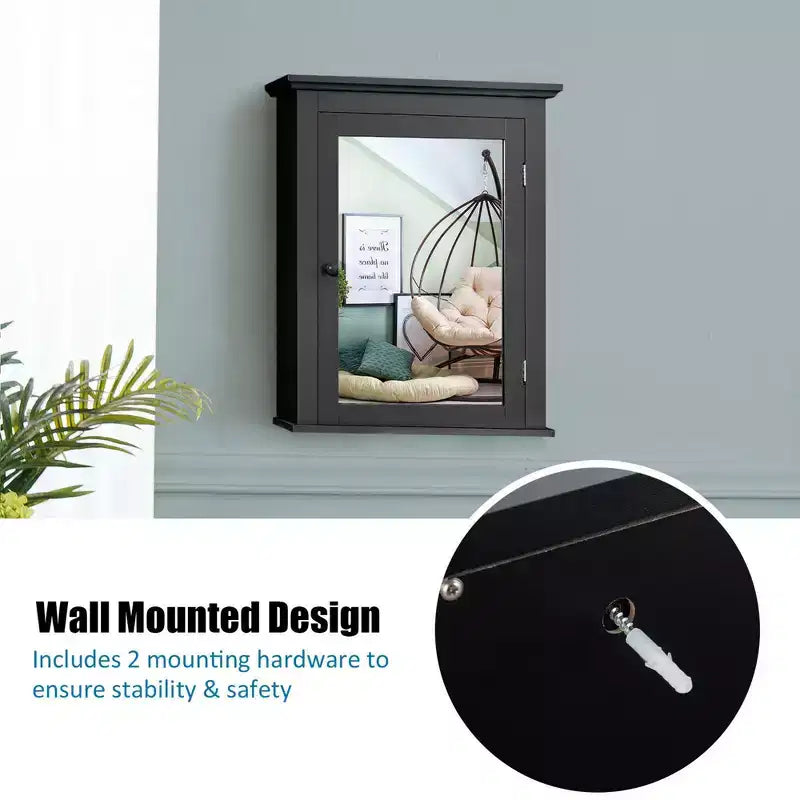 Costway Bathroom Mirror Cabinet Wall Mounted Adjustable Shelf Medicine Grey/Black