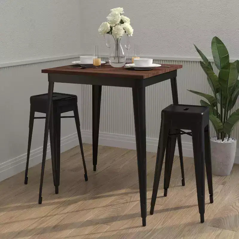 Merrick Lane 31.5 Steel Indoor Contemporary Table With Square Rustic Wood Top