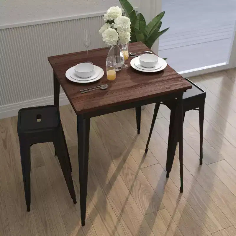 Merrick Lane 31.5 Steel Indoor Contemporary Table With Square Rustic Wood Top